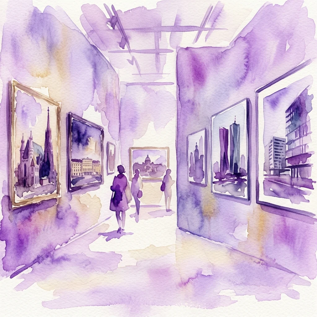 Una ilustración estilo acuarela de un pasillo de galería de arte con visitantes viendo obras de arte enmarcadas que representan los monumentos de Viena, combinando perspectivas arquitectónicas históricas y modernas.