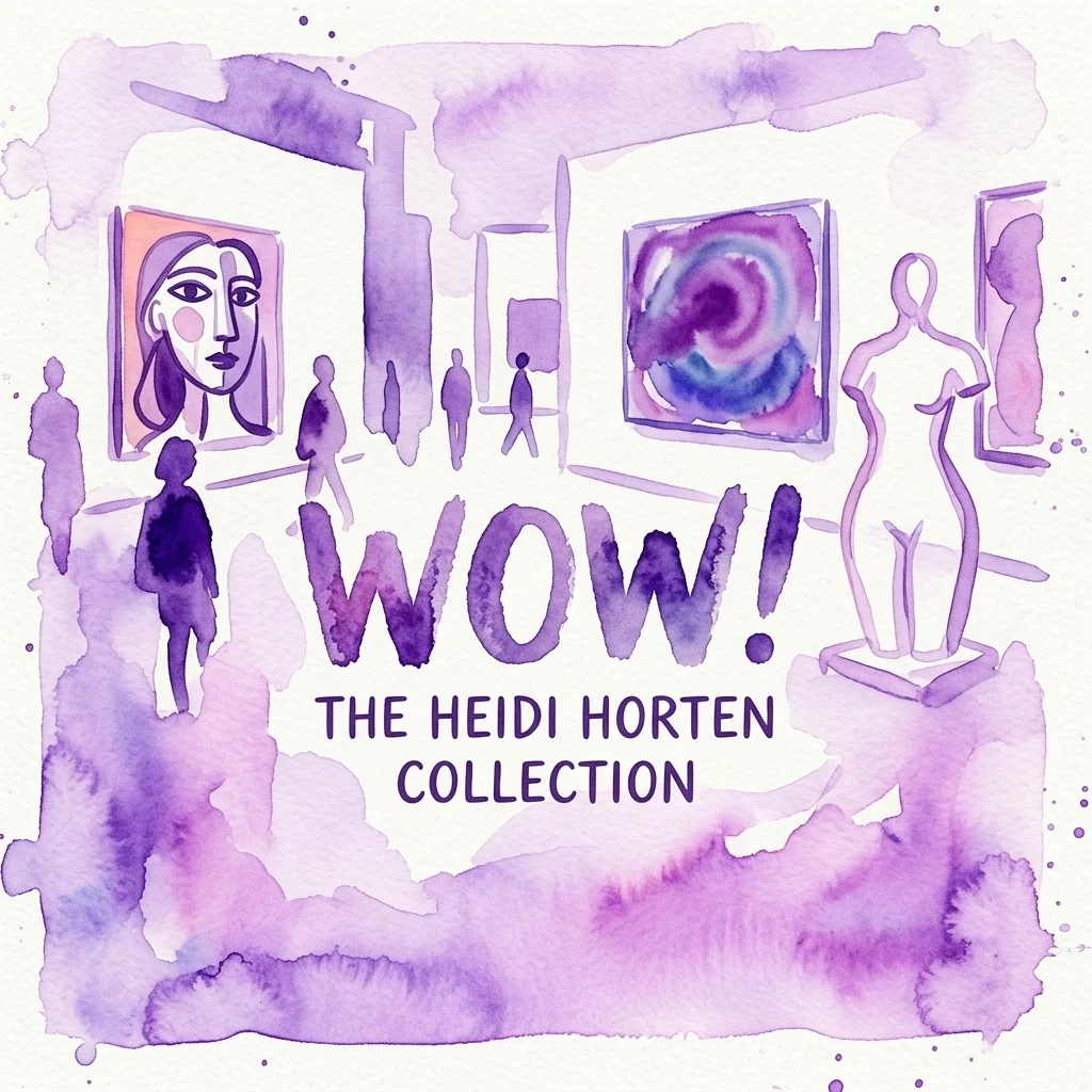 Waterverfillustratie van de tentoonstelling WOW! The Heidi Horten Collection, met moderne kunstwerken, bezoekers en een prominent paars kleurenschema.