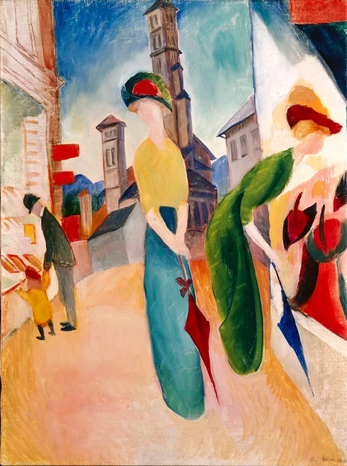 A modern painting showing abstracted figures on a street with a church tower in the background