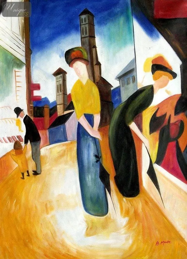 A colorful painting of figures in a street scene with a tower, signed by A. Mende
