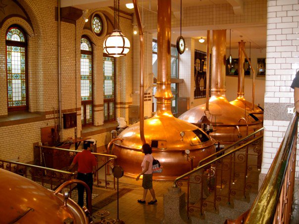 Interior of Heineken Experience showing large copper brewing vats, brick walls with arched windows, and visitors on a walkway