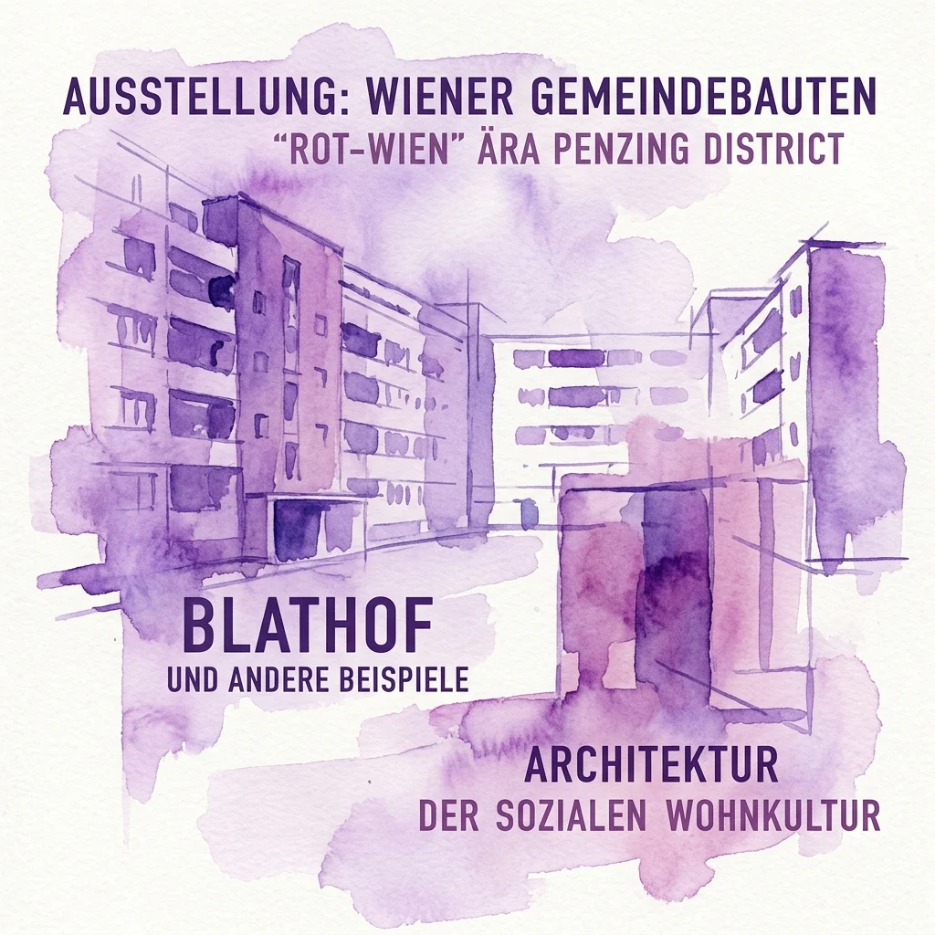 Waterverftekening van Weense gemeentelijke woongebouwen in het district Penzing, ter promotie van een tentoonstelling over de architectuur van sociale huisvesting uit het 'Rode Wenen' tijdperk.