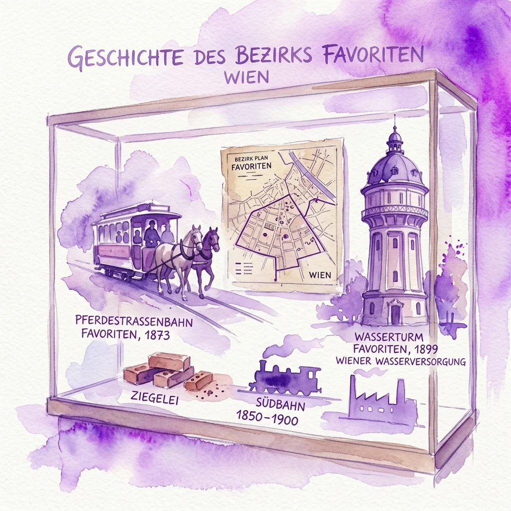 Ilustracja gabloty muzealnej prezentującej historię wiedeńskiej dzielnicy Favoriten, zawierającej dorożkę tramwajową, wieżę ciśnień, mapę dzielnicy i inne elementy historyczne.