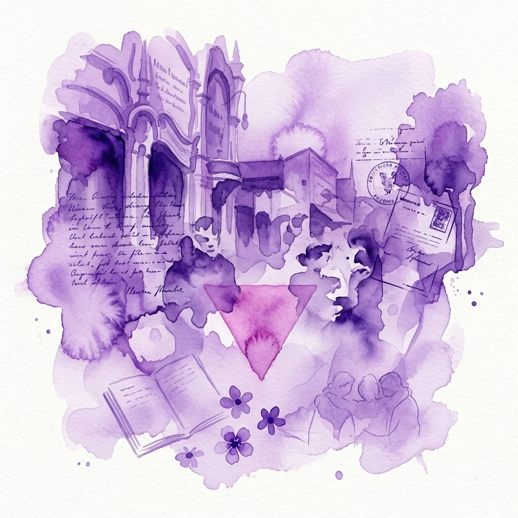 Fioletowa ilustracja akwarelowa przedstawiająca elementy historyczne Leopoldstadt, w tym detale architektoniczne, otwartą książkę, ręcznie napisane notatki i różowy trójkąt, symbolizujący prześladowania osób homoseksualnych w epoce nazistowskiej.