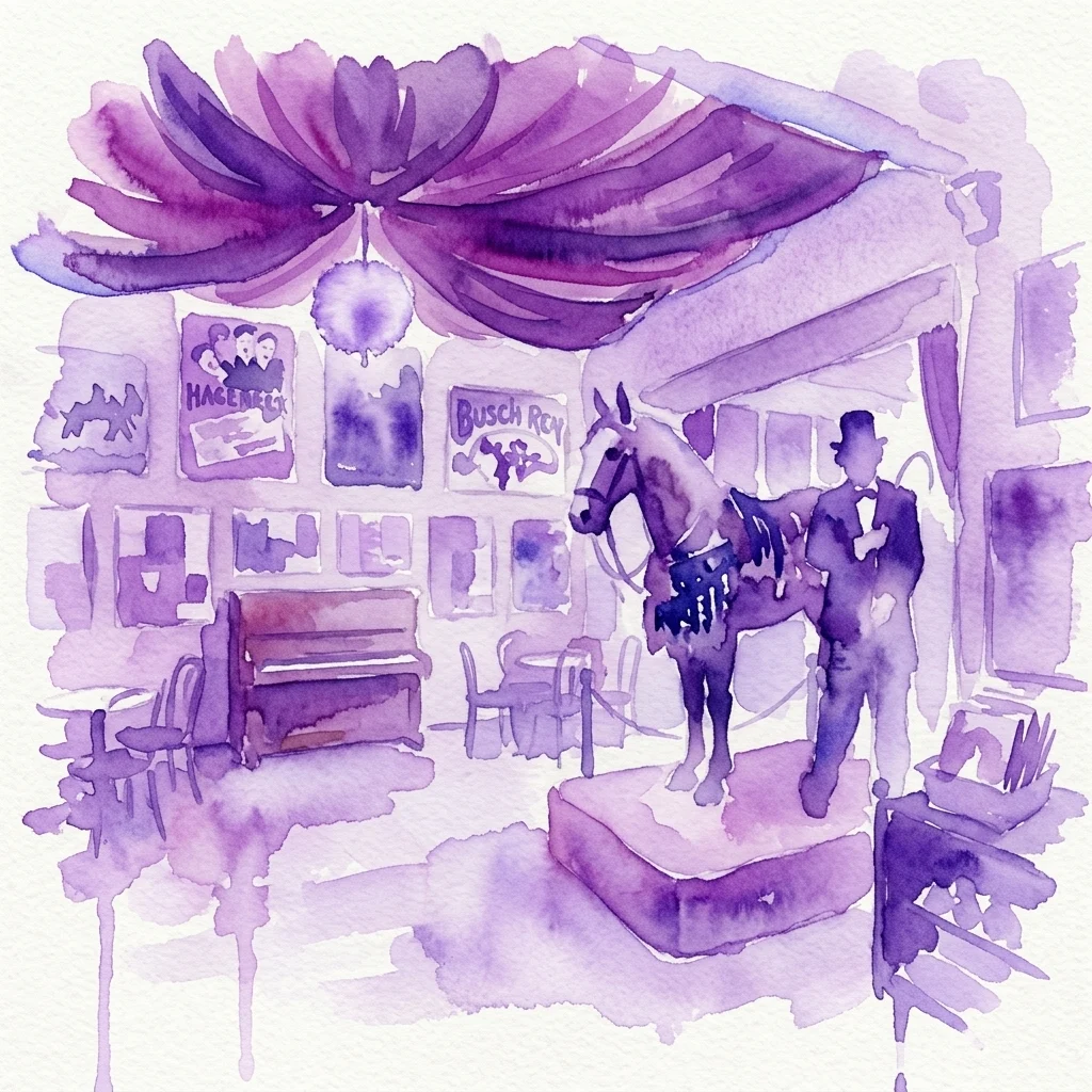 Watercolor illustration of a vintage circus exhibit featuring a performer with a horse, posters, and a piano, evoking the atmosphere of a historical circus and clown collection.