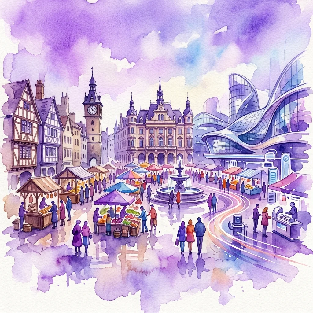 Een aquarelillustratie van de Brunnenmarkt in Wenen, met historische marktkramen, een klokkentoren en moderne futuristische architectuur, die de evolutie van de markt van verleden naar toekomst symboliseert.