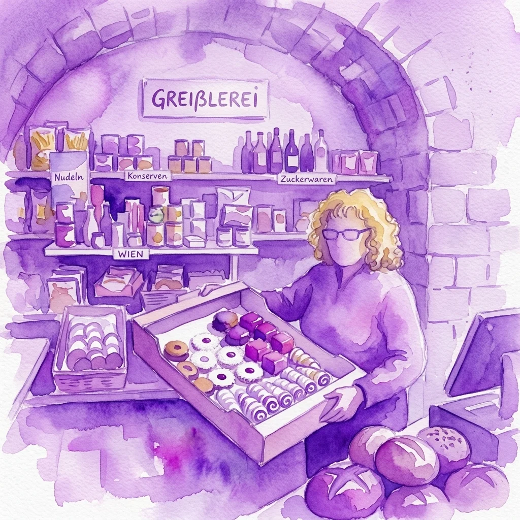 Waterverfillustratie van een traditionele Weense buurtwinkel (Greißlerei) met schappen vol waren zoals noedels, conserven en snoepgoed, en een vrouw die een doos met gebak vasthoudt in een bunkerachtige omgeving.