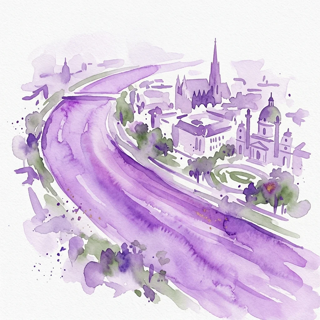 A watercolor illustration of the Danube River flowing through Vienna, featuring iconic architecture and green spaces in purple and green hues.