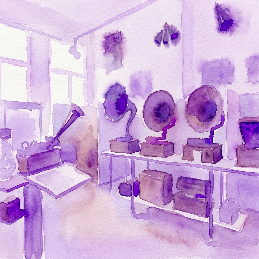 Watercolor illustration of a museum exhibit featuring vintage phonographs and gramophones, showcasing early sound recording technology from the late 19th and early 20th centuries.
