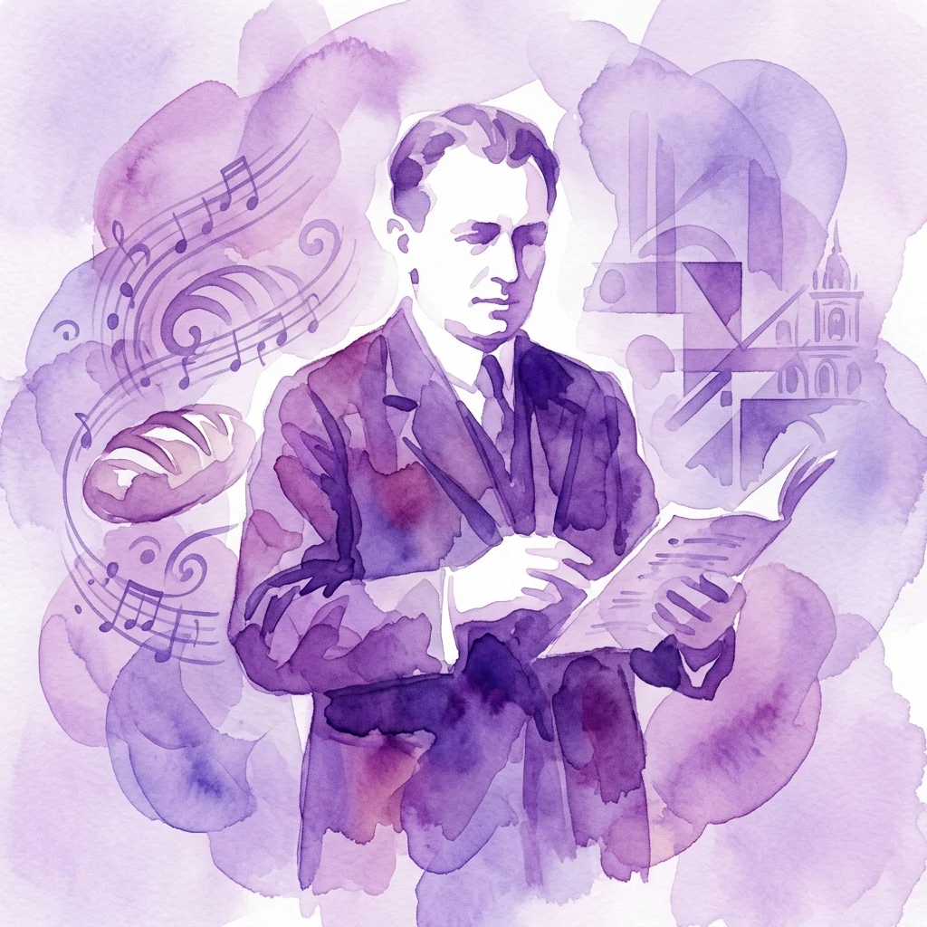 Waterverfillustratie van Erwin Ratz, een Oostenrijkse muziektheoreticus en humanist, die een boek vasthoudt met muzieknoten en een brood, wat zijn veelzijdige bijdragen aan muziek, bakken en intellectuele bezigheden symboliseert.