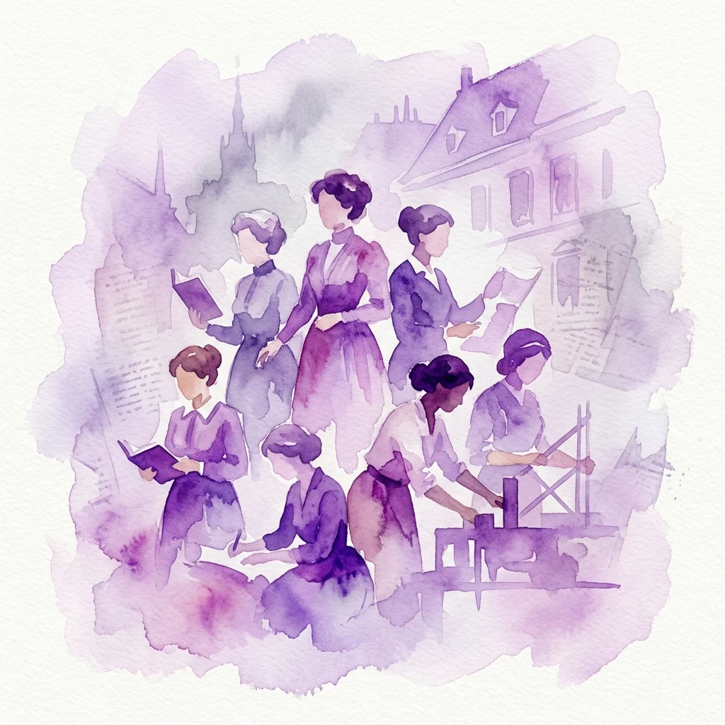 Watercolor illustration of diverse women from different historical periods engaged in various professions, set against a backdrop of Viennese architecture and historical documents, representing the exhibition 'Frauen in der Brigittenau'.