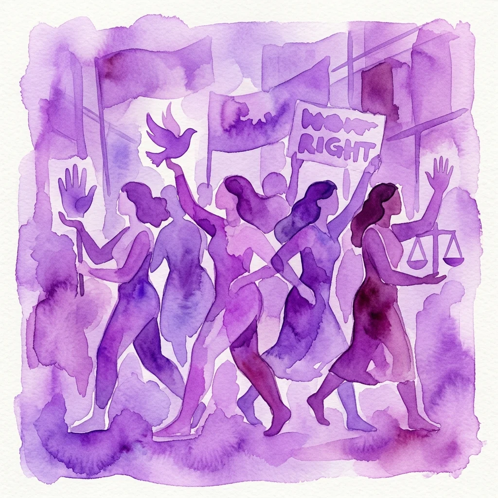 Fioletowa ilustracja akwarelowa przedstawiająca różnorodne kobiety protestujące, trzymające transparenty z napisem "WOMAN RIGHT" oraz symbole pokoju, sprawiedliwości i równości, reprezentująca wystawę Frauen*Rechte.