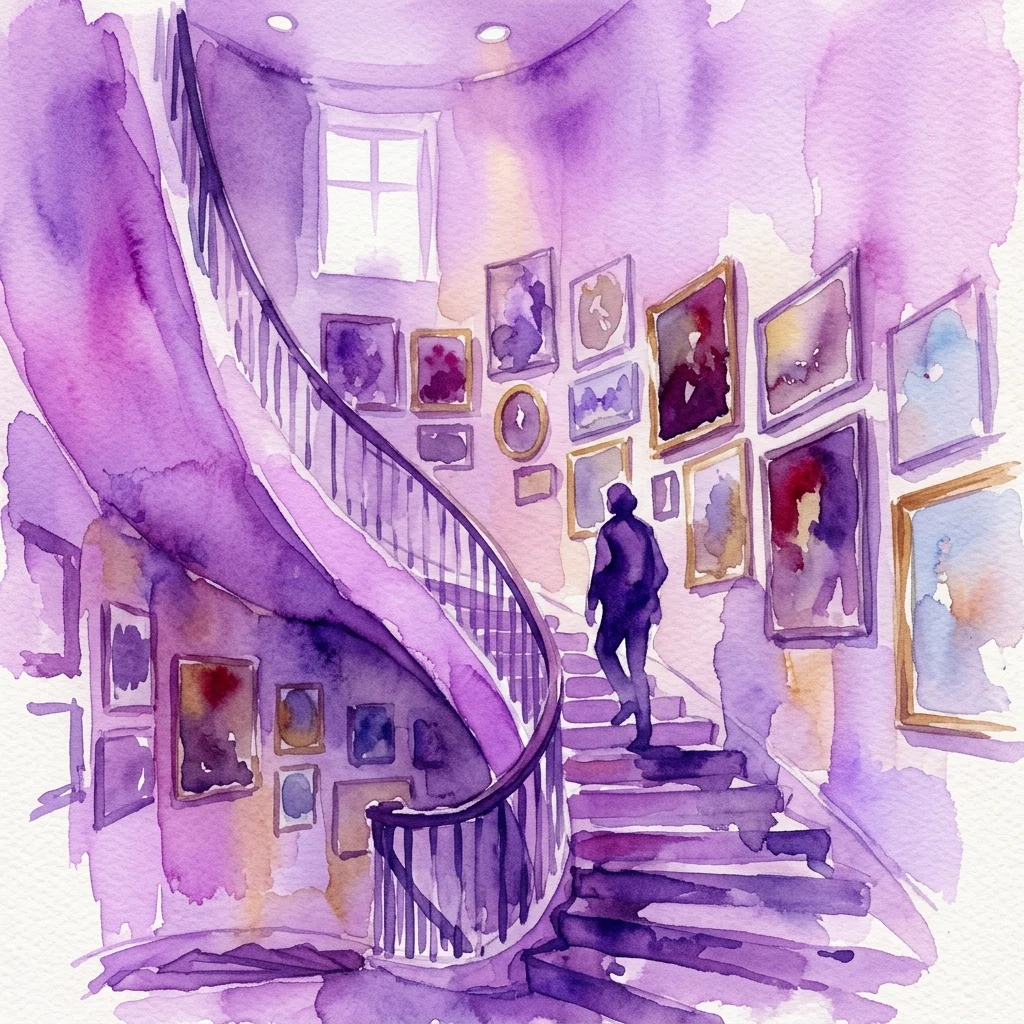 Akwarela przedstawiająca spiralne schody w galerii, z dziełami rodziny artystów Wawra-Hofmann wystawionymi na ścianach, tworząca refleksyjną i artystyczną atmosferę.