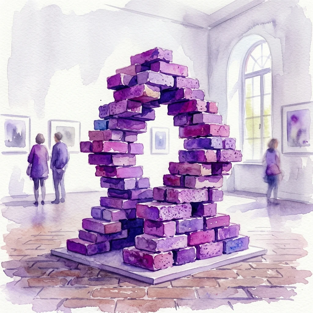 Een illustratie in aquarel-stijl van een moderne kunstinstallatie met een U-vormige boog van getextureerde bakstenen in paarse en roze tinten, tentoongesteld in een minimalistische museumgalerij met bezoekers die kijken.