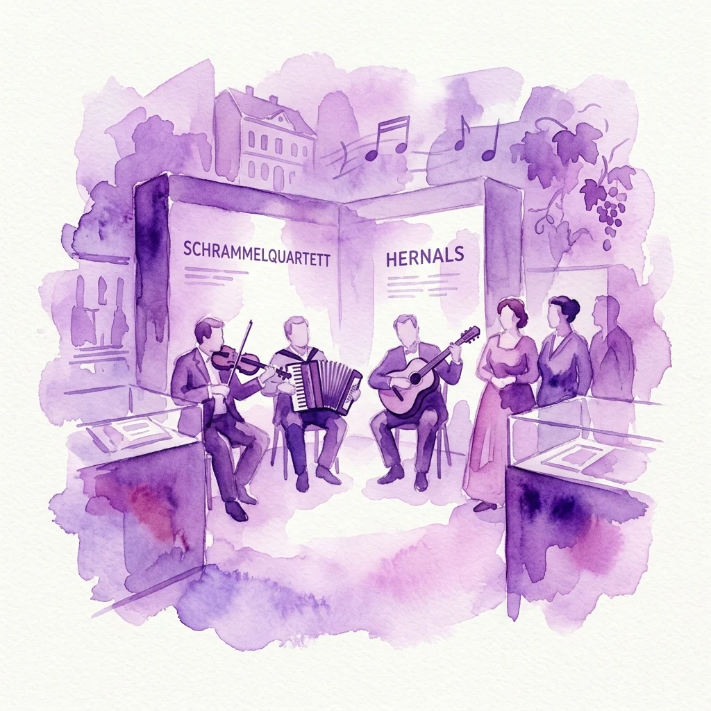 Ilustracja akwarelowa przedstawiająca Schrammelquartett występujący na stałej wystawie Muzeum Dzielnicy Hernals, z muzykami grającymi na skrzypcach, akordeonie i gitarze, otoczonymi elementami kulturowymi, takimi jak nuty i winorośle.
