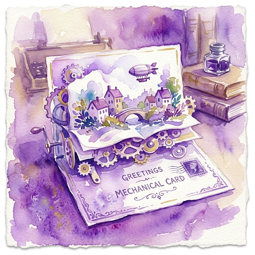 An illustrated mechanical postcard with pop-up elements, gears, and a steampunk village scene, labeled 'Greetings Mechanical Card' in a vintage style.