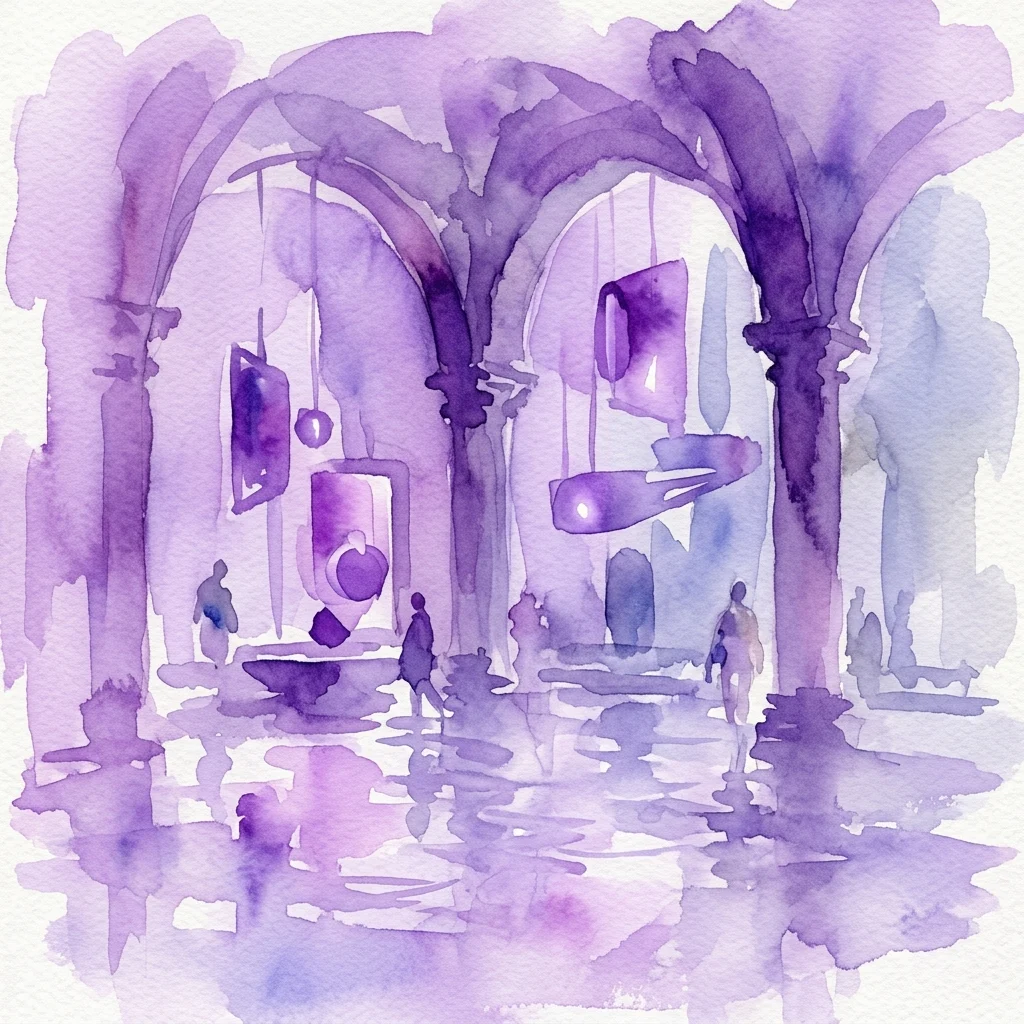 Een paarse aquareltekening van een gebogen interieur met hangende abstracte sculpturen en gesilhouetteerde figuren, die een kunstinterventie in het historische Tröpferlbad weergeven.