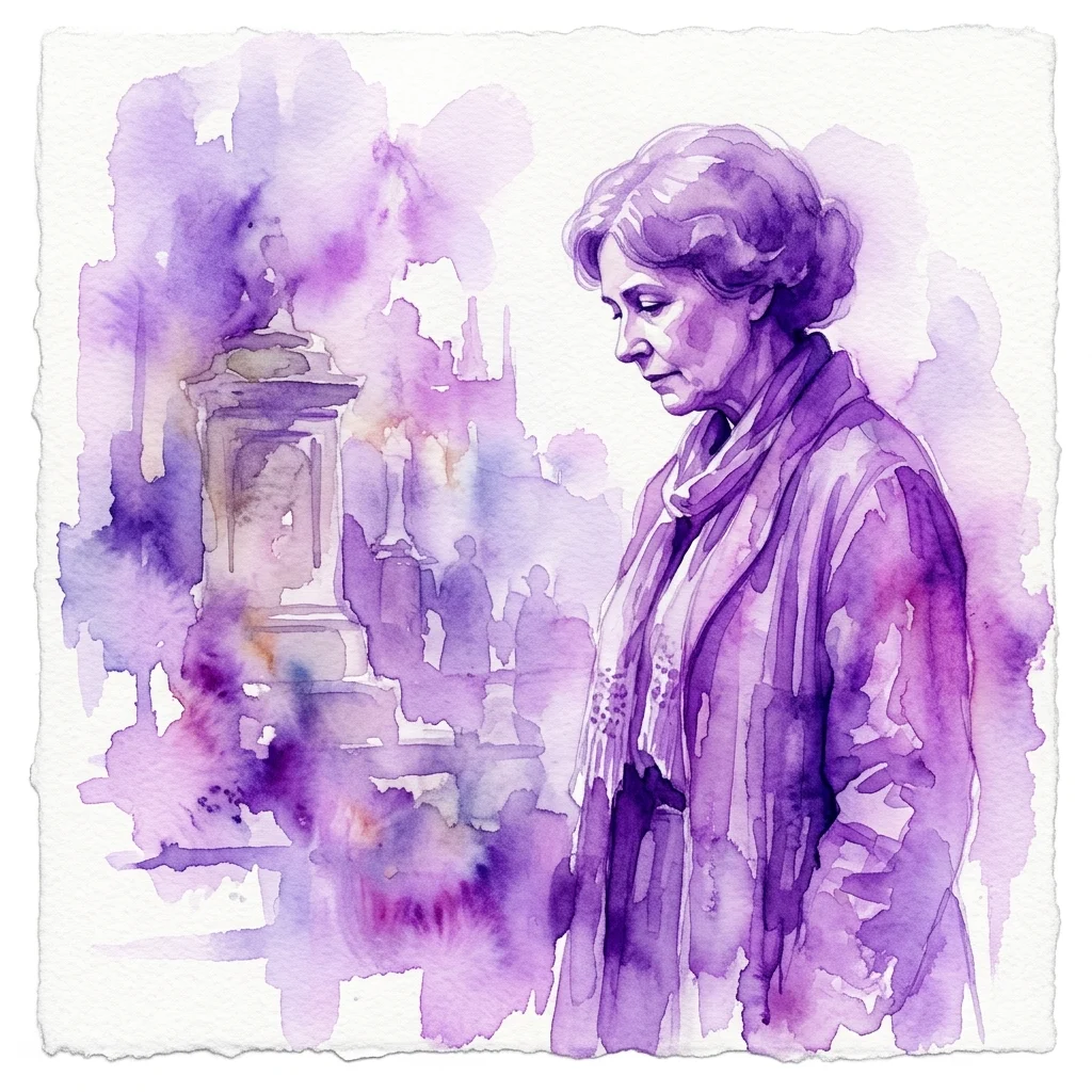 Watercolor portrait of Lotte Brainin, a Jewish resistance heroine, depicted in contemplation with a purple-toned background suggesting remembrance and historical reflection.