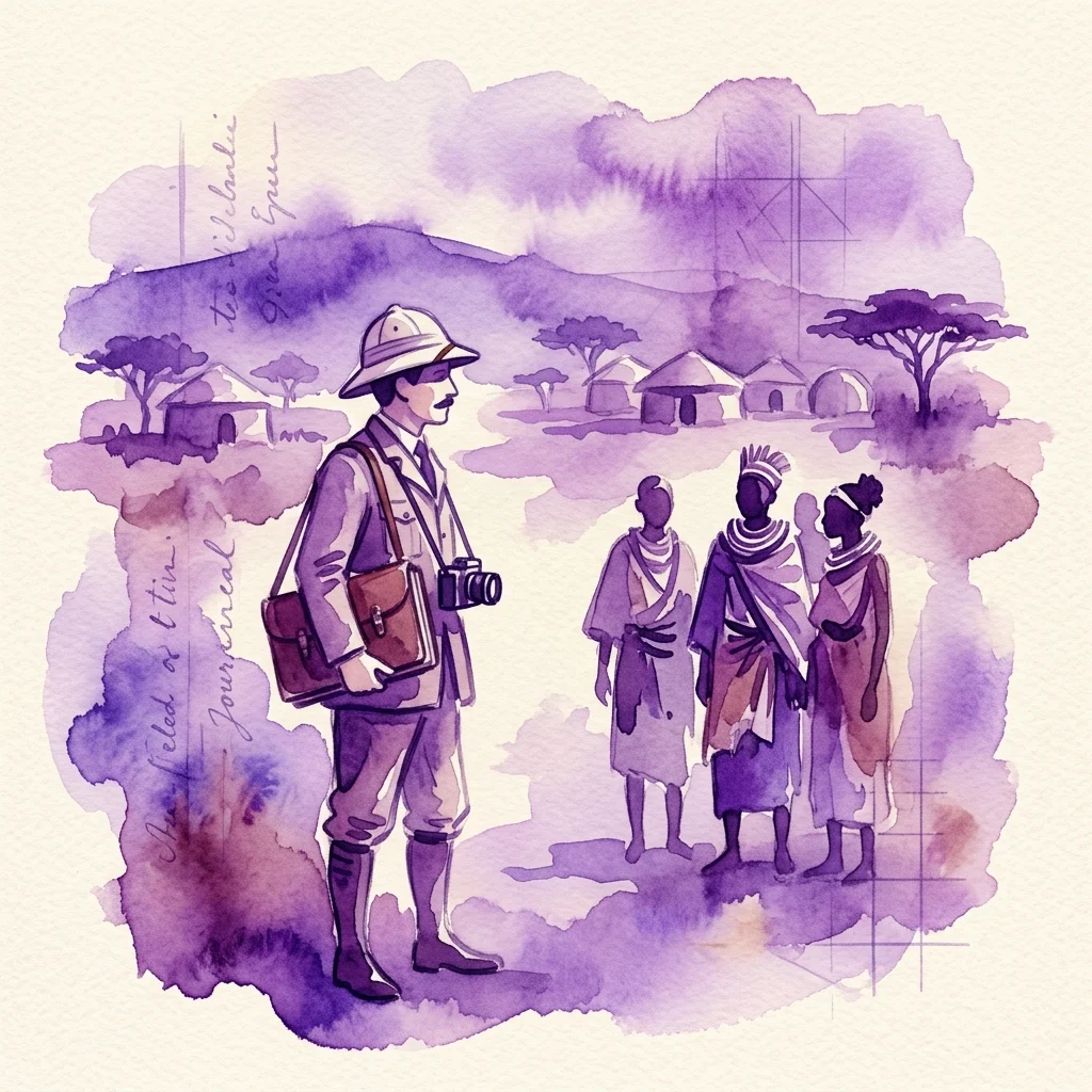 Een aquarelillustratie van ontdekkingsreiziger Friedrich Julius Bieber in Afrika, met een camera en een pithoofddeksel, in interactie met lokale mensen in traditionele kledij tegen een achtergrond van hutten en een Afrikaans landschap.