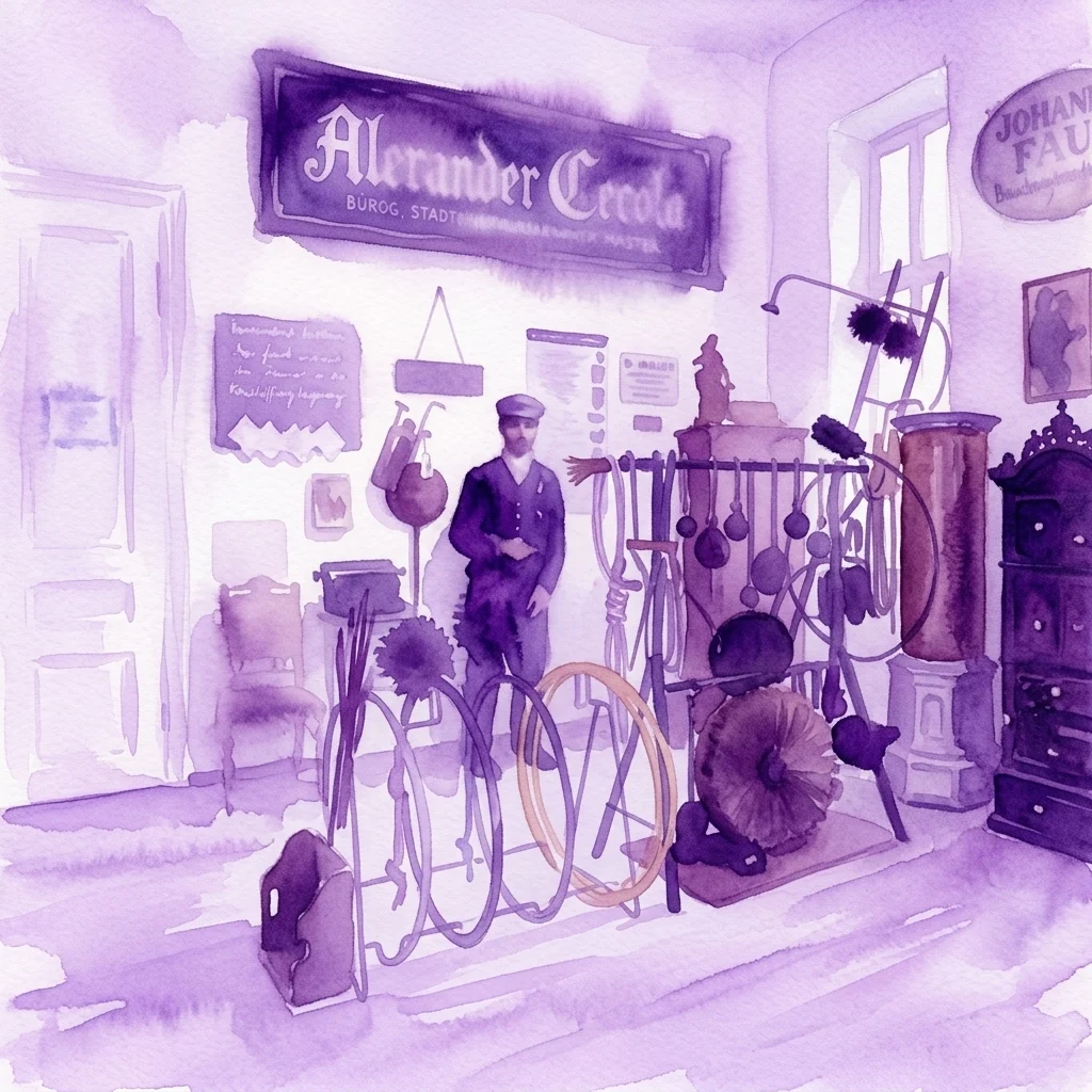 Watercolor illustration of a historical chimney sweep workshop display at the Rauchfangkehrer Museum, featuring antique tools, traditional attire, and a mannequin in period uniform.