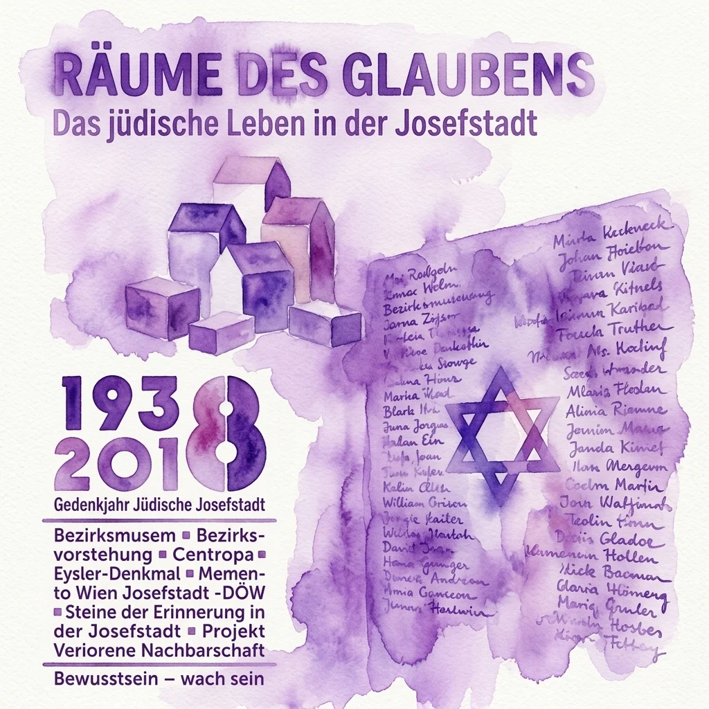 Een paarse aquarelposter voor de tentoonstelling 'Räume des Glaubens: Das jüdische Leben in der Josefstadt', met namen van vervolgde personen, een Davidster en illustraties van gebouwen, ter herdenking van het Joodse leven in het Weense district Josefstadt van 1938 tot 2018.