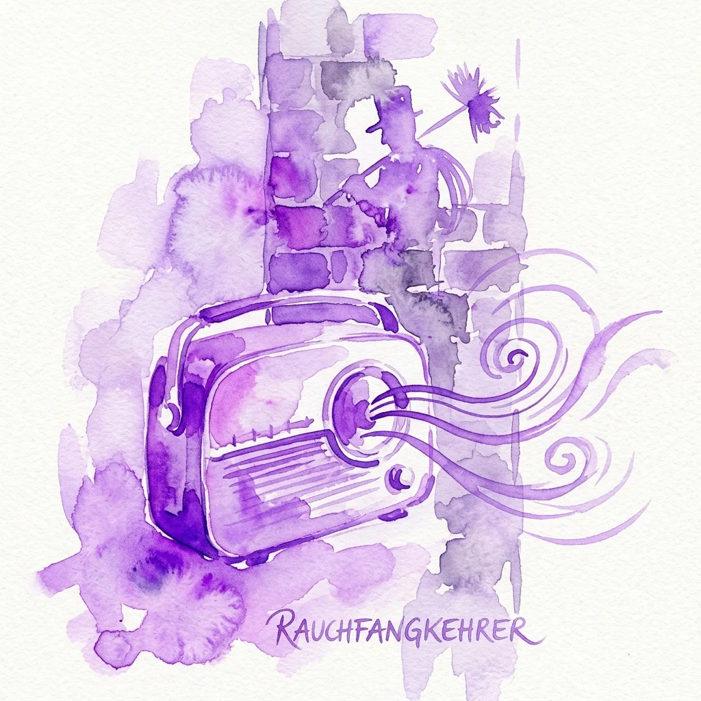Waterverfillustratie van een vintage radio met geluidsgolven, tegen een schoorsteen achtergrond, voor de tentoonstelling 'Schall & Rauch' in het Rauchfangkehrer Museum.
