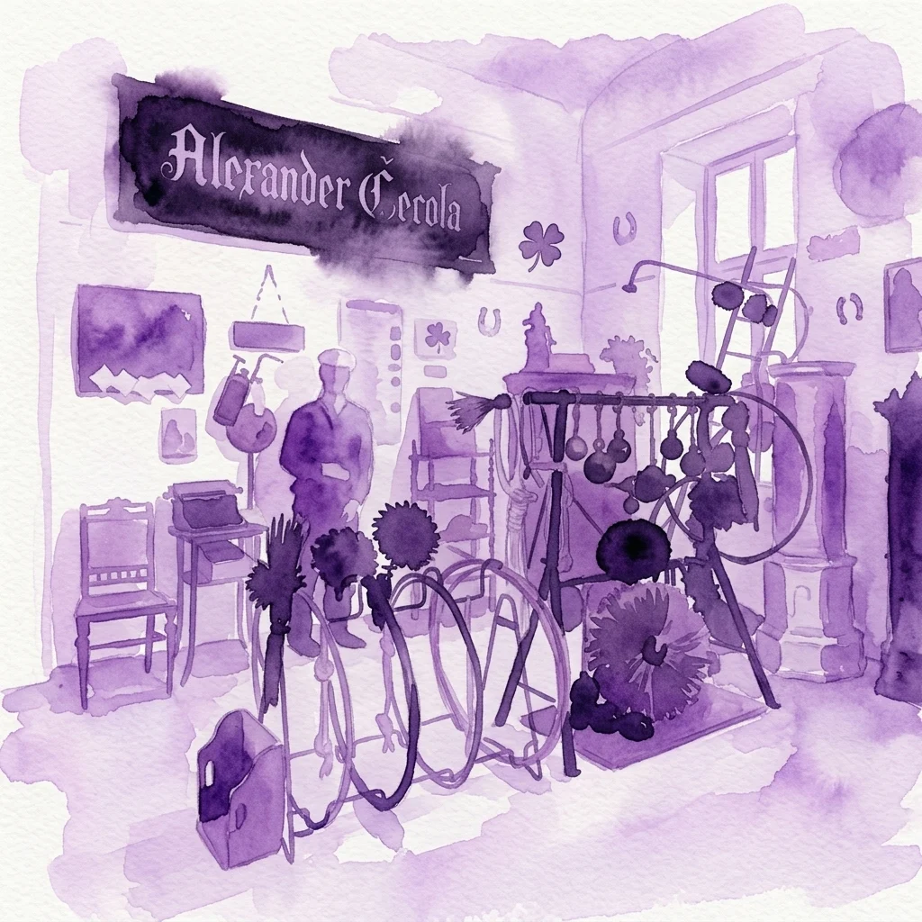 A watercolor illustration of the Chimney Sweep Museum interior, featuring traditional tools, lucky charms like horseshoes and clovers, and a sign reading 'Alexander Čerola' in a purple-hued, archival atmosphere.
