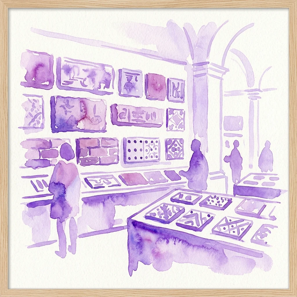 Watercolor illustration of a museum exhibition featuring historical bricks and ceramic tiles on display, with visitors observing the artifacts in a gallery setting.