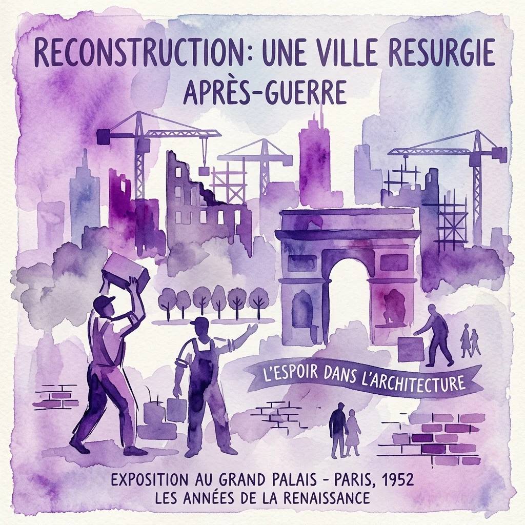 Een aquarelposter voor een tentoonstelling met de titel 'Reconstruction: A City Reborn After War', die de wederopbouw na de oorlog afbeeldt met kranen, arbeiders en een monument, gesitueerd in Parijs, 1952.