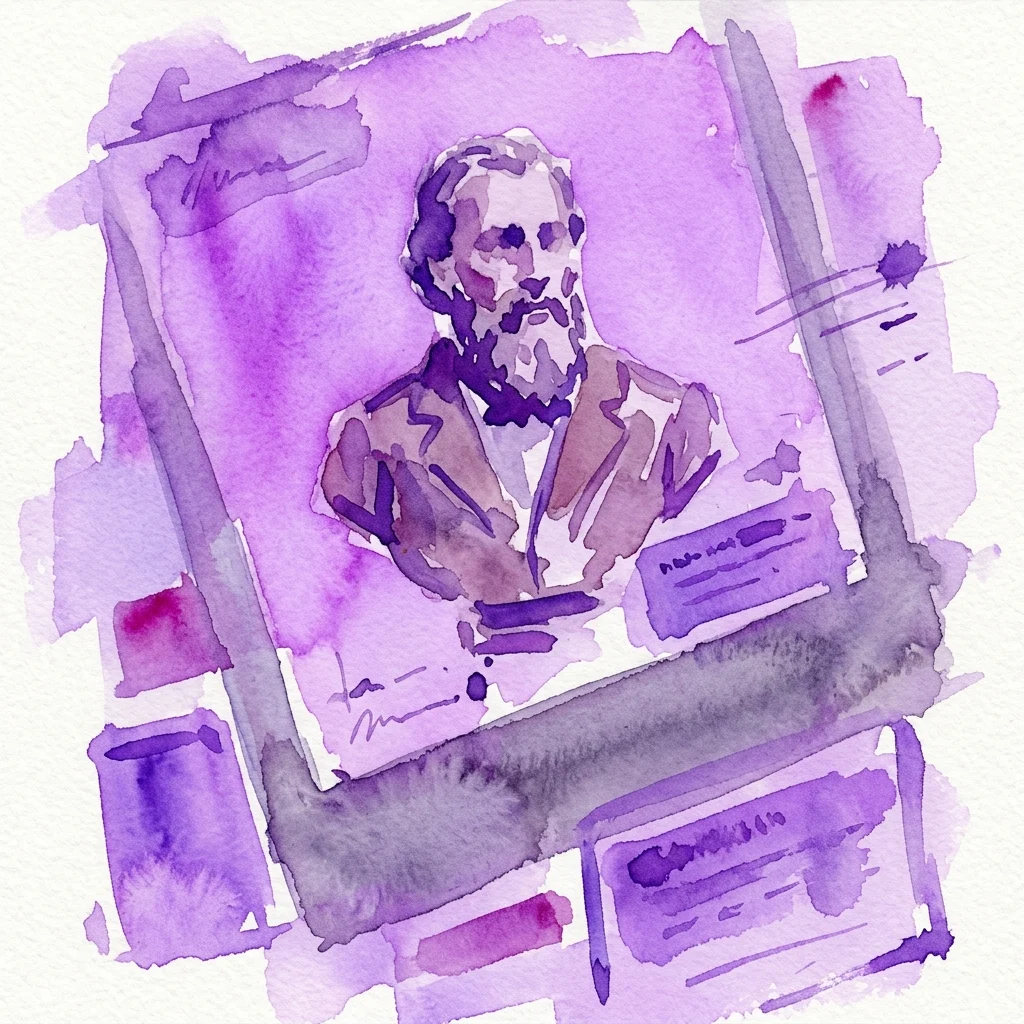 Watercolor illustration of a historical portrait of Karl Lueger, displayed in a museum exhibit with purple artistic overlays, reflecting a critical re-examination of his legacy.