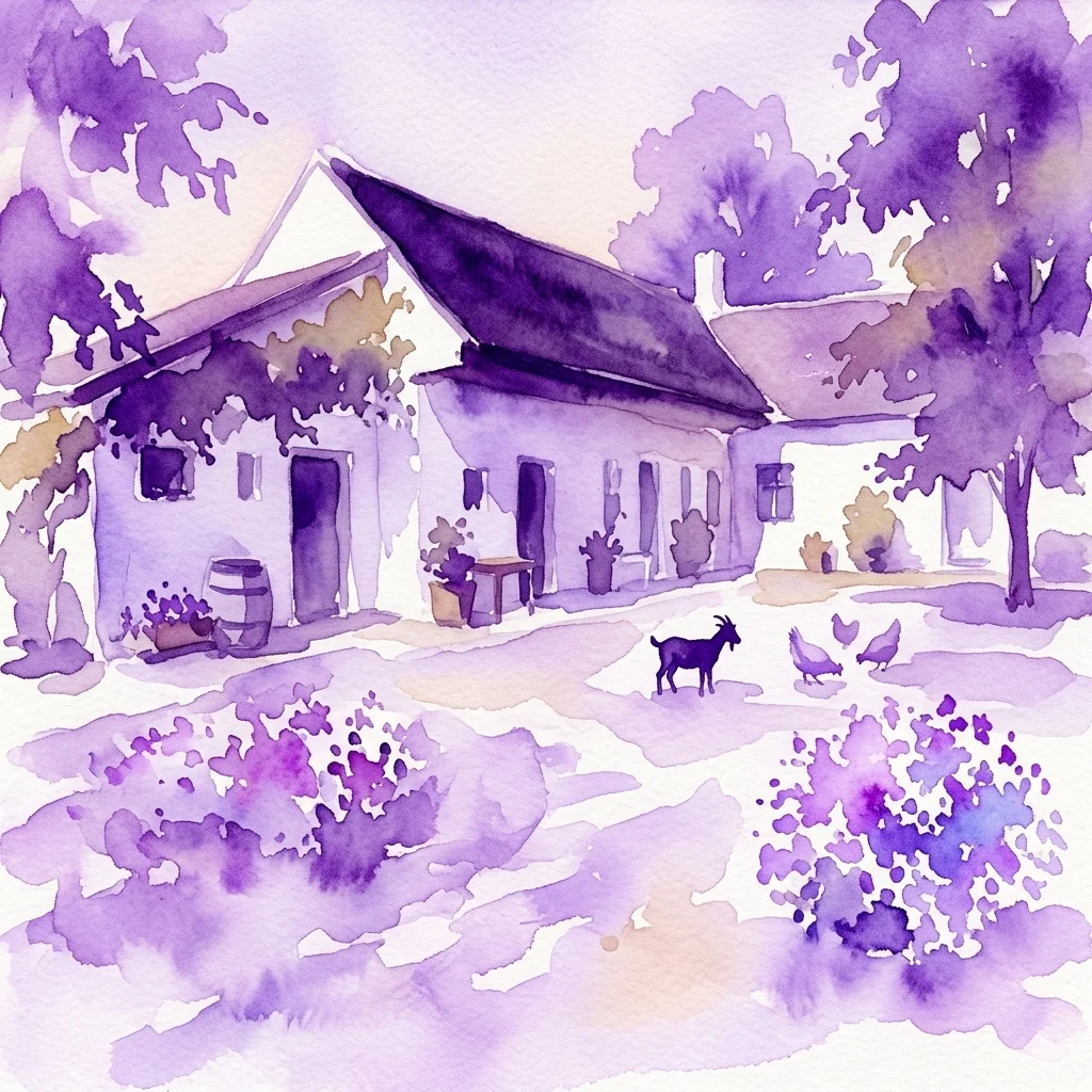 A watercolor illustration of the Bauernhof Ensemble Spannberg, featuring a traditional Austrian farmhouse with a goat, chickens, and a well-tended garden in a rural setting.
