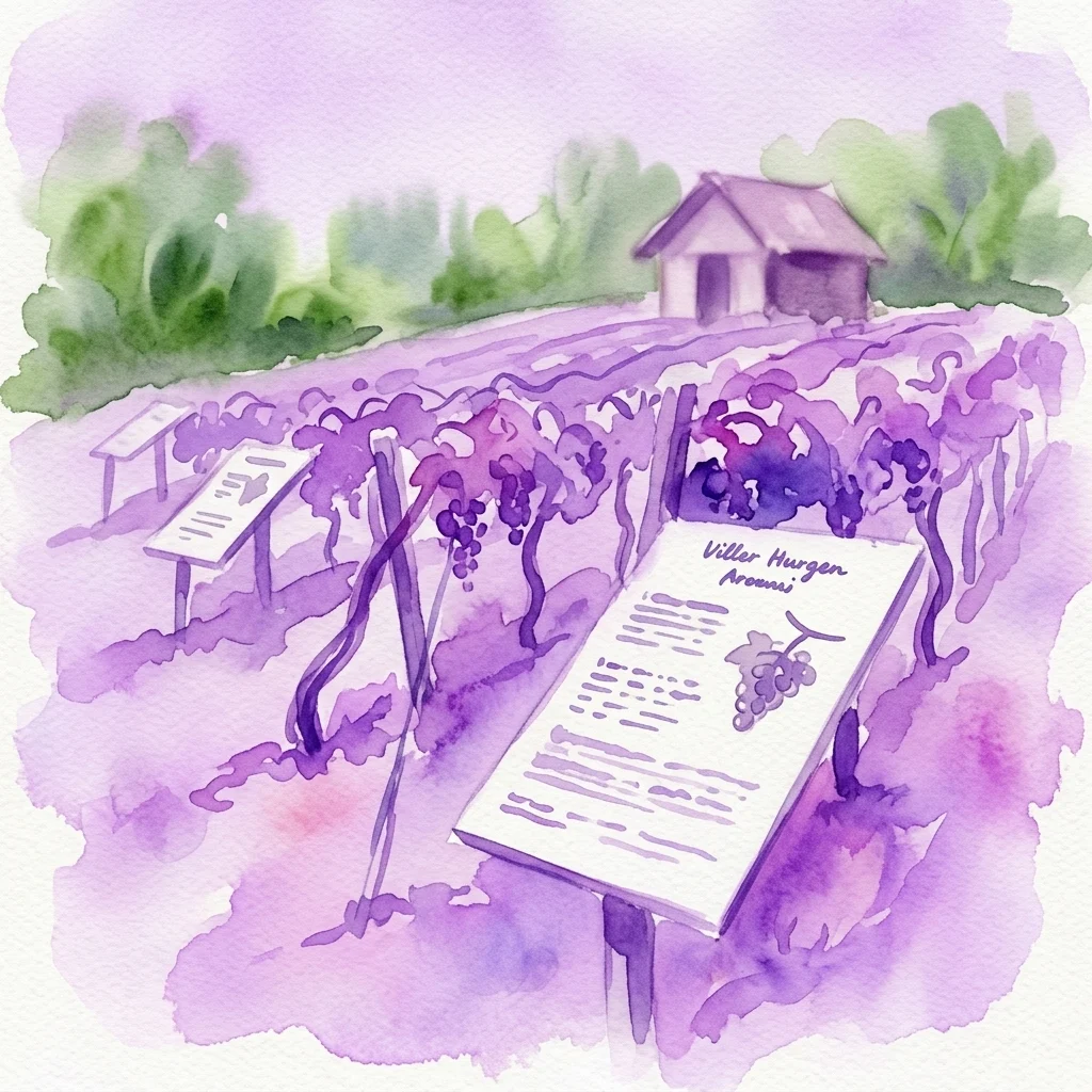 Een aquarelillustratie van de wijngaard Donaustädter Weinhügel in de Botanische Tuinen van Hirschstetten, met rijen wijnstokken, informatieborden en een rustieke hut, die het wijnerfgoed van Wenen laat zien.