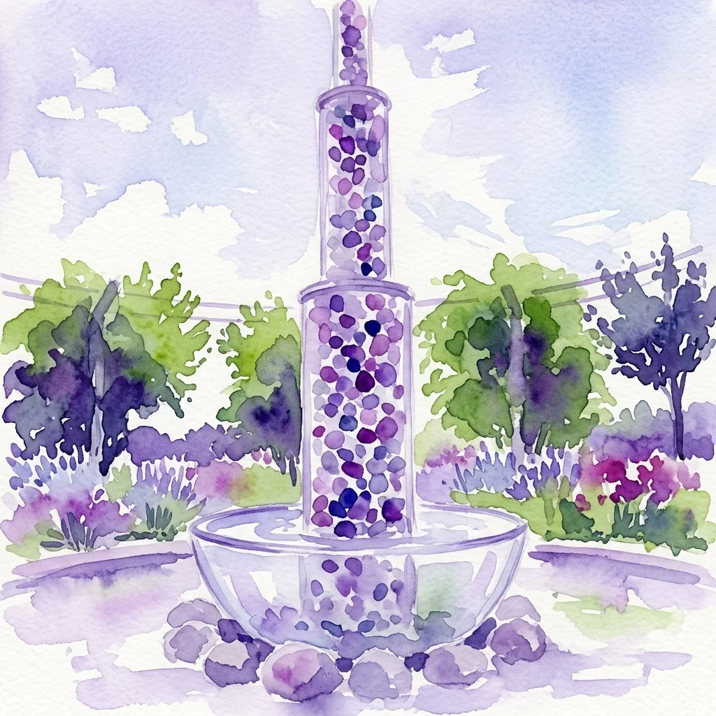 Aquarel van de centrale glazen fontein van de Energy Garden met paarse kristallen, omringd door groen en bloemen, wat een vredig natuurlijk toevluchtsoord oproept.
