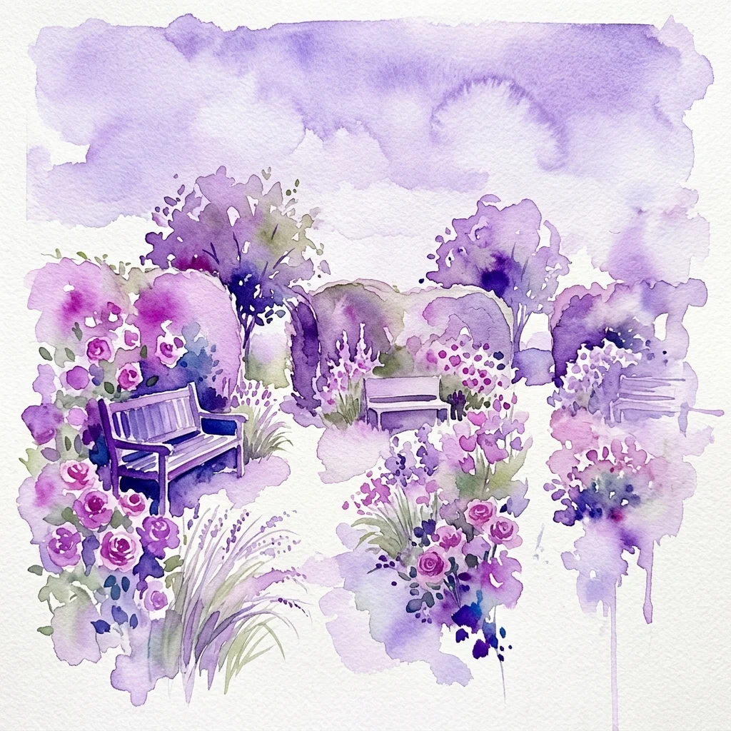 A watercolor illustration of a serene English garden with purple and pink roses, ornamental grasses, and benches, divided into sections by hedges and trees.