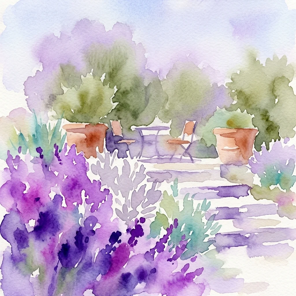 Watercolor painting of the Garden of Provence in Hirschstetten Botanical Gardens, featuring lavender bushes, stone pathways, and outdoor seating under a soft sky.