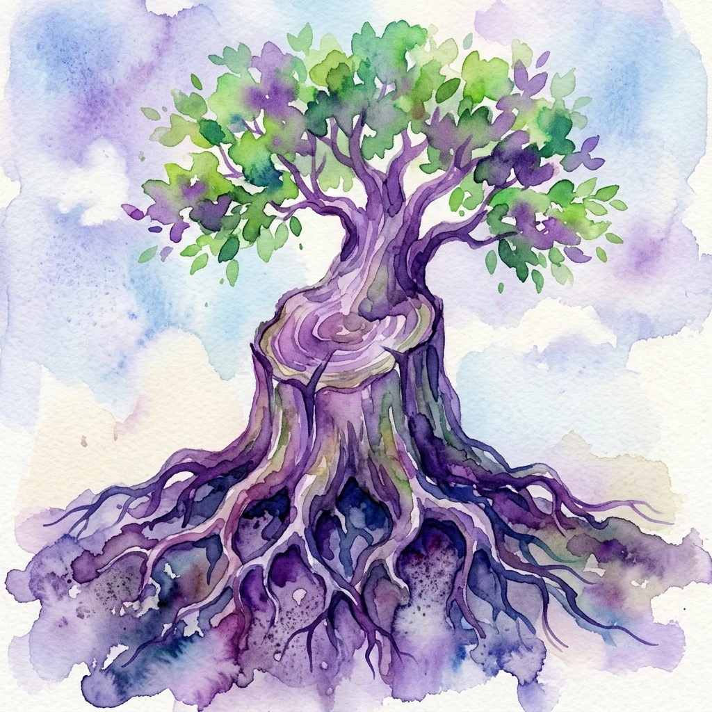 Ilustracja akwarelowa drzewa z przekrojem ukazującym jego system korzeniowy oraz koronę zielonych i fioletowych liści, symbolizująca motyw 'Gekröntes Wurzelwerk' w Blumengärten Hirschstetten.