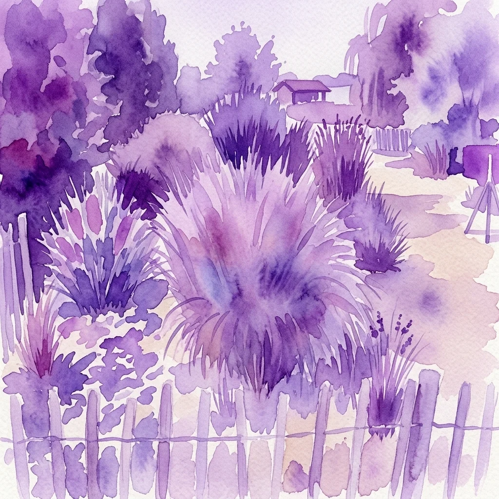 Een aquarelillustratie van siergrassen in paarse en lavendeltinten, die een serene tuinscène afbeeldt met een hek en bomen op de achtergrond.