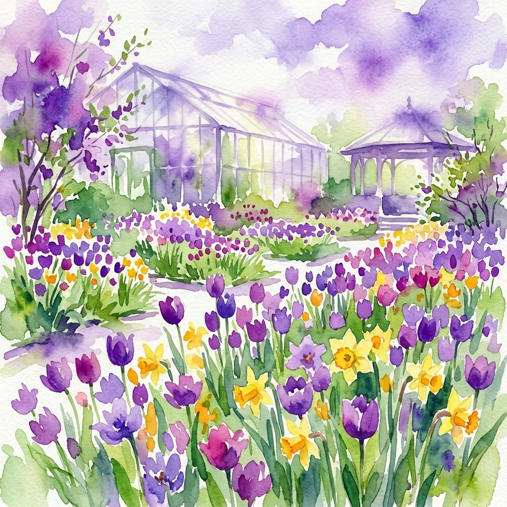 Una acuarela de los Jardines Botánicos de Hirschstetten en primavera, con vibrantes tulipanes púrpuras, narcisos amarillos y un invernadero al fondo.