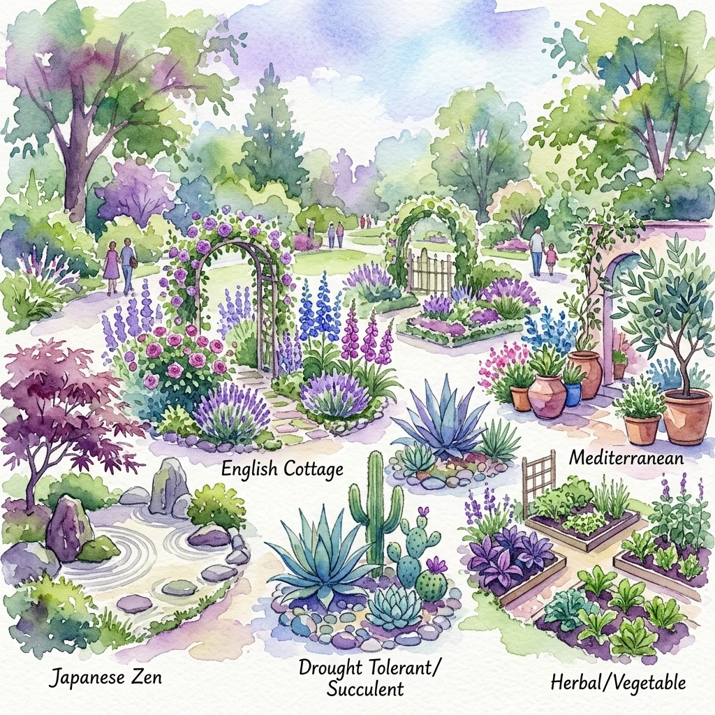 Ilustración en acuarela de jardines temáticos en los Jardines Botánicos de Hirschstetten, que incluyen jardines Zen japonés, estilo Cabaña inglesa, Mediterráneo, de plantas tolerantes a la sequía/suculentas y de hierbas/hortalizas, mostrando diversos arreglos de plantas y estilos de diseño.