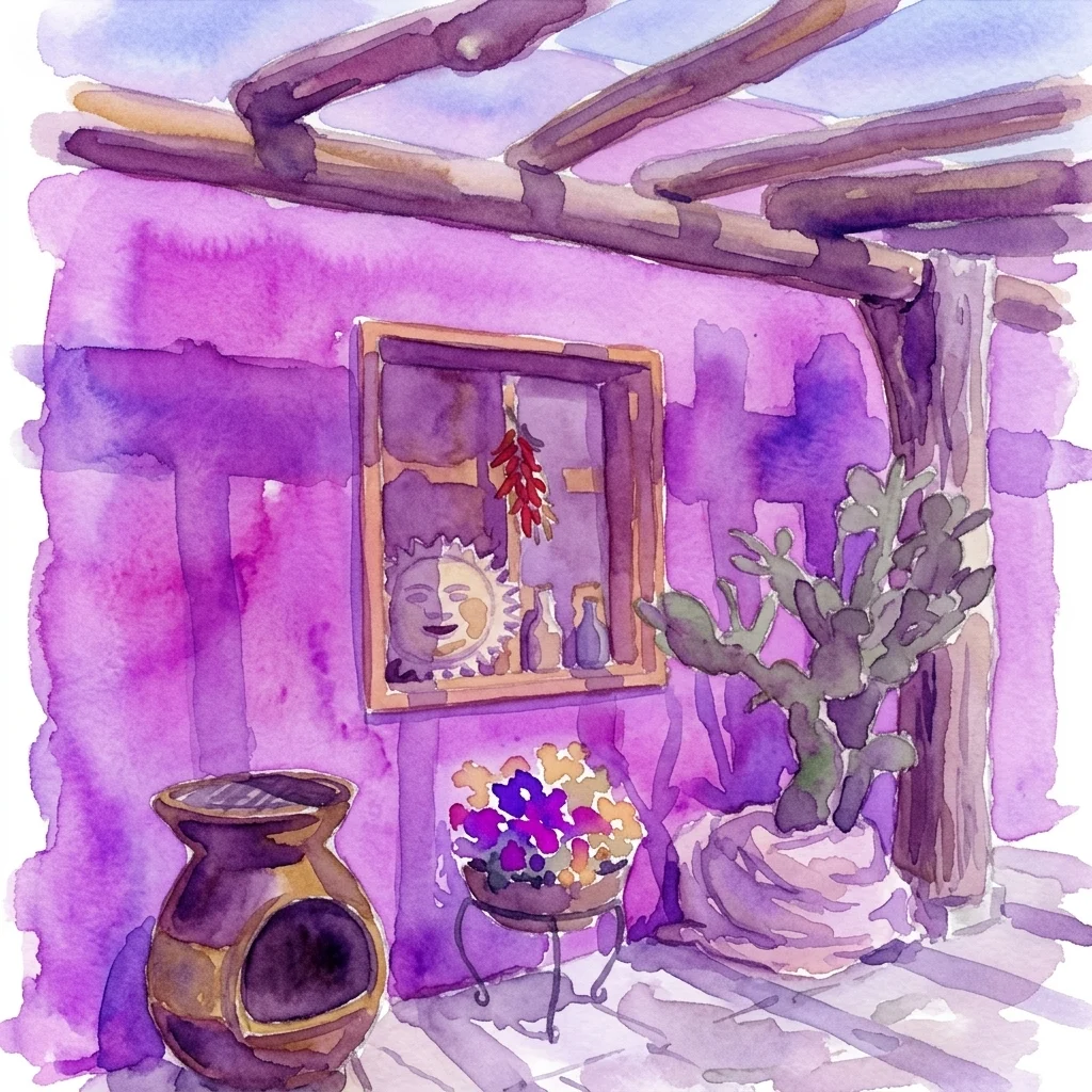 Een aquarelillustratie van een Hacienda-stijl gebouw met paarse muren en een houten pergola, met een raam met een zonmasker en chilipepers, een cactus en een traditionele kleipot, die het Mexicaans-geïnspireerde ontwerp van de Mexikanischer Garten oproept.