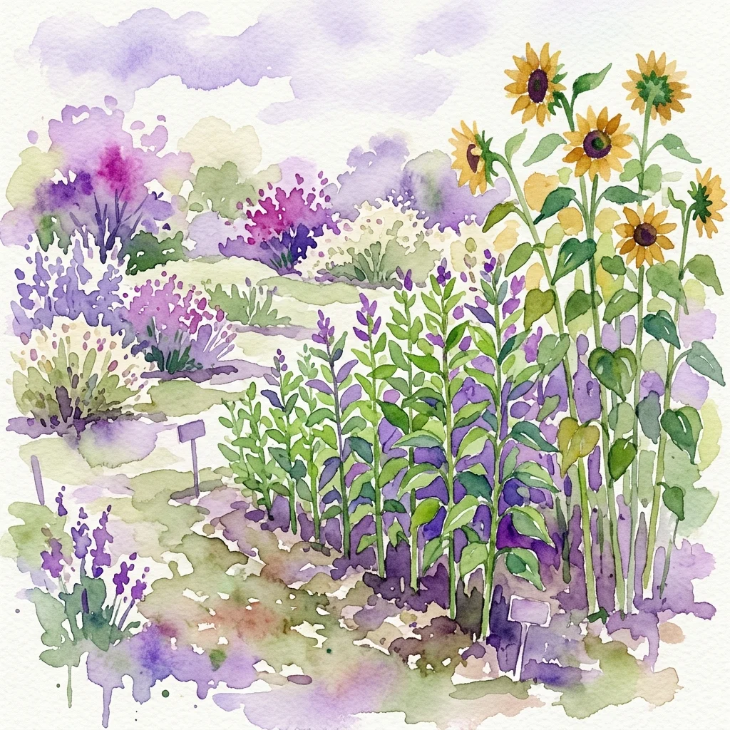 Una ilustración en acuarela de un huerto con girasoles y topinambures, que representa el Musterbeet Landwirtschaft en el jardín botánico Blumengärten Hirschstetten.
