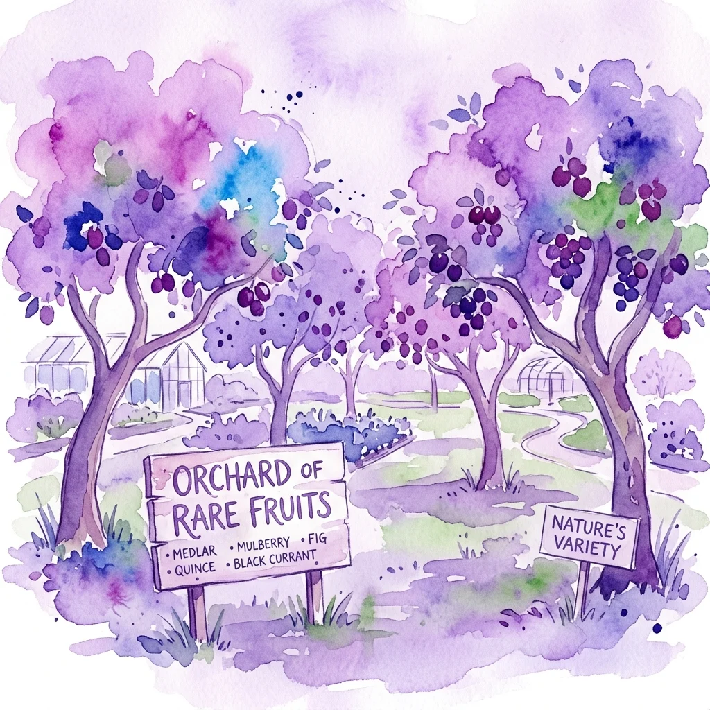 Waterverftekening van de Boomgaard met Zeldzame Vruchten in de Botanische Tuinen van Hirschstetten, met bomen met paarse bloesems en borden met variëteiten zoals mispel, moerbei, vijg, kweepeer en zwarte bes.