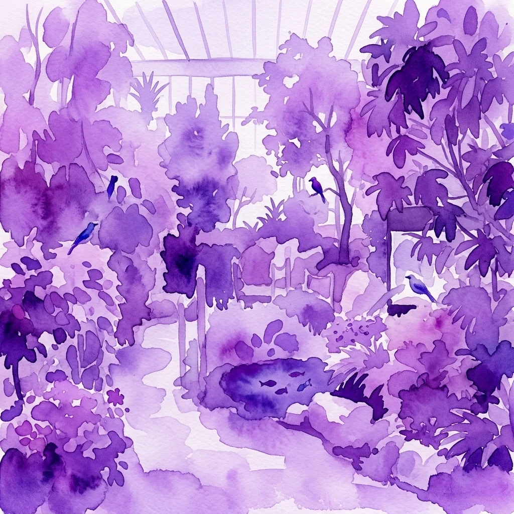 Een aquarelillustratie van het Palmenhaus in Blumengärten Hirschstetten, met een weelderige tropische kas met diverse planten, vogels en een vijver onder een glazen dak.