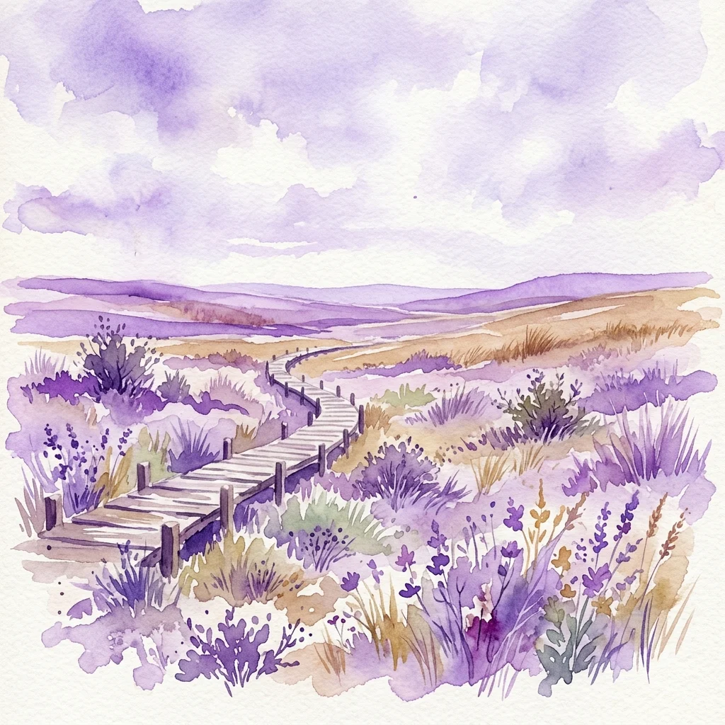 Una ilustración en acuarela de un paseo de madera que serpentea a través de un paisaje de estepa panónica con flores silvestres púrpuras, hierba seca y arbustos bajo un cielo púrpura suave.