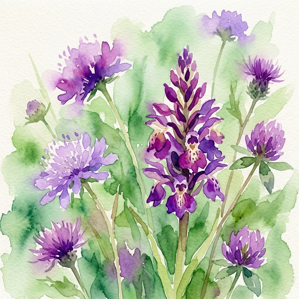 Akwarela przedstawiająca rodzime austriackie kwiaty polne, w tym rzadką dziką orchideę, ukazująca chronione rośliny w Ogrodach Botanicznych Hirschstetten.