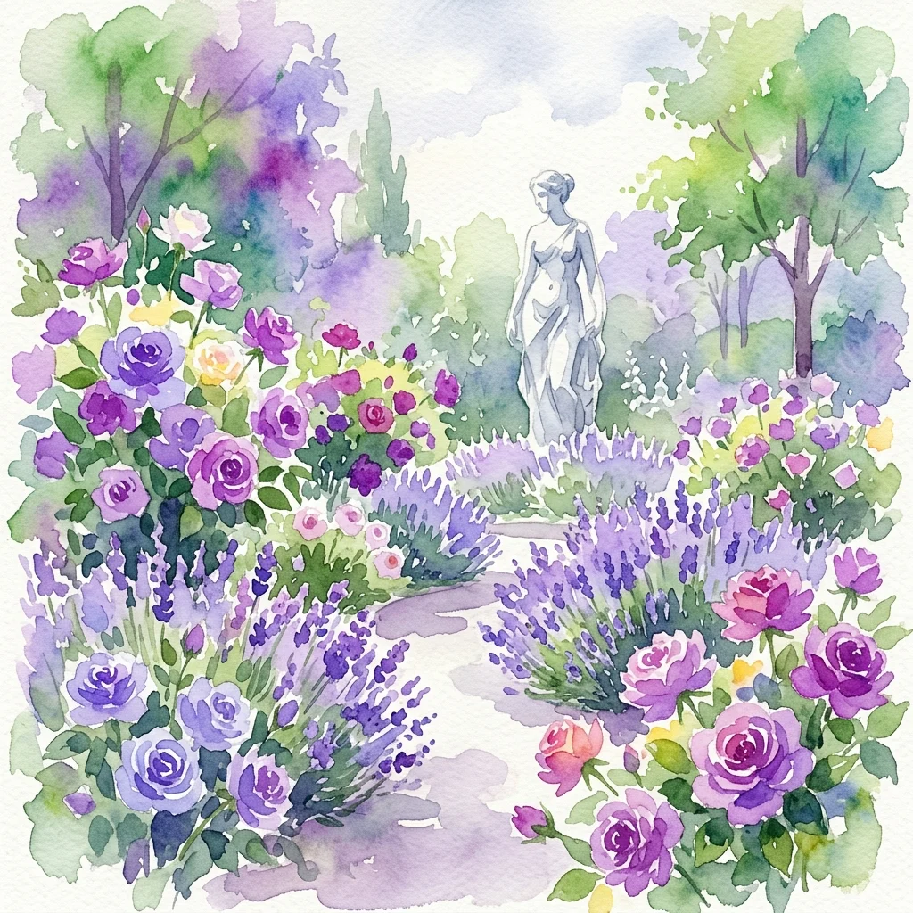 Akwarela przedstawiająca Ogród Różany w Ogrodach Botanicznych Hirschstetten, z kwitnącymi fioletowymi różami i krzewami lawendy, a w tle klasyczną rzeźbą.