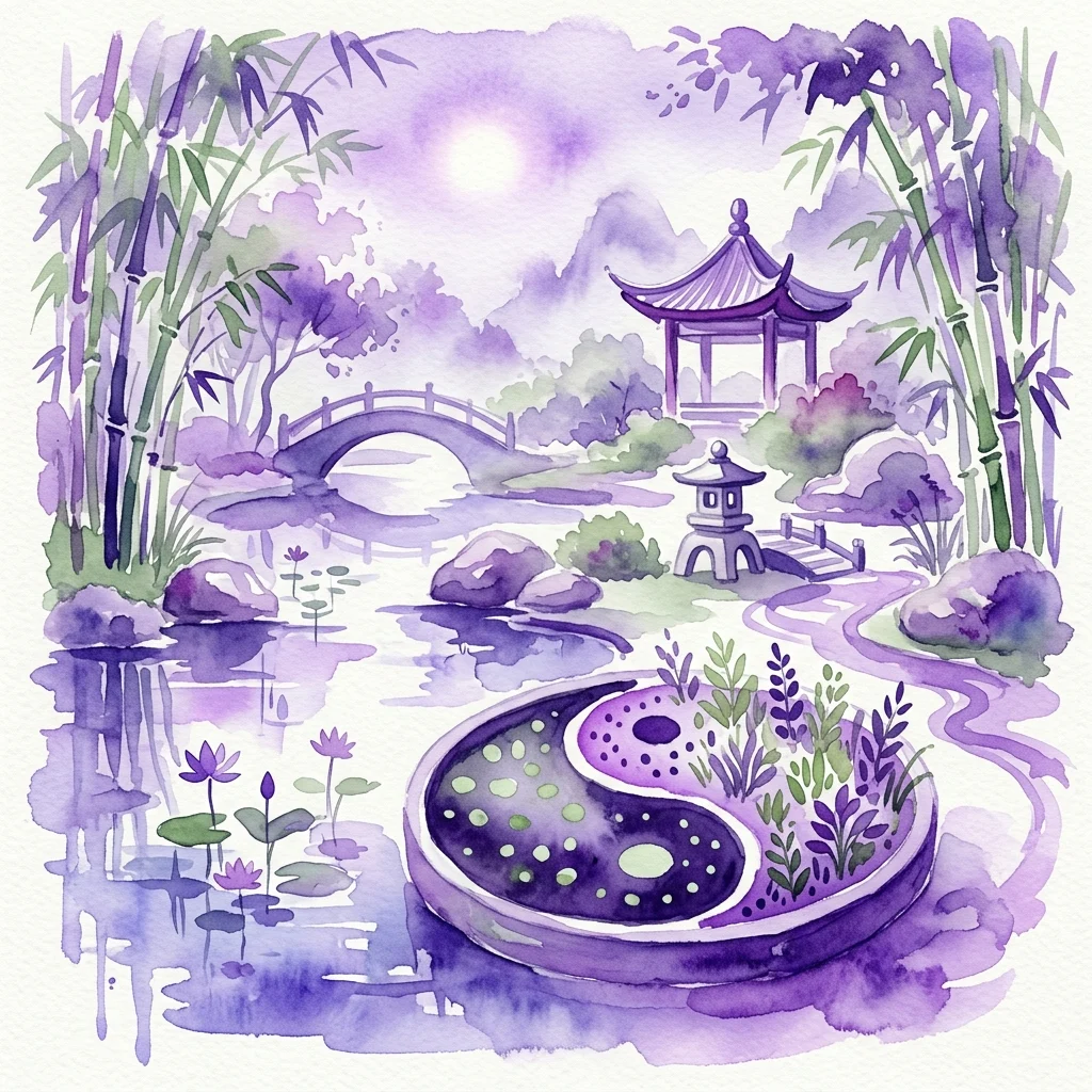 Een aquarelillustratie van de TCM-tuin in de Botanische Tuin van Hirschstetten, met een Yin-Yang kruidbed, lotusvijver, bamboe, een stenen lantaarn en een traditioneel paviljoen, die rust en traditionele Chinese geneeskunde oproept.
