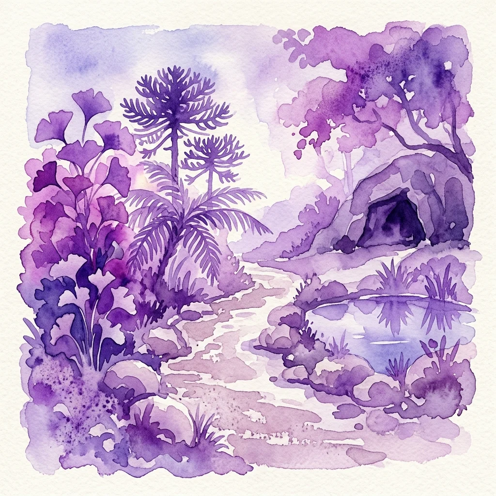 Ilustracja akwarelowa Urzeitgarten w Ogrodach Botanicznych Hirschstetten, przedstawiająca prastare rośliny, takie jak miłorząb i paprocie drzewiaste, koryto wyschniętej rzeki, jaskinię skalną i staw, wywołująca prehistoryczną atmosferę.