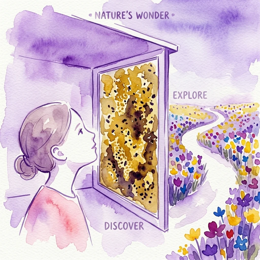 Een aquarelillustratie van een persoon die een bijenkorf bekijkt door een glazen omheining, met een natuurpad dat kronkelt door een kleurrijke weide vol wilde bloemen, gelabeld 'NATURE'S WONDER', 'EXPLORE' en 'DISCOVER'.