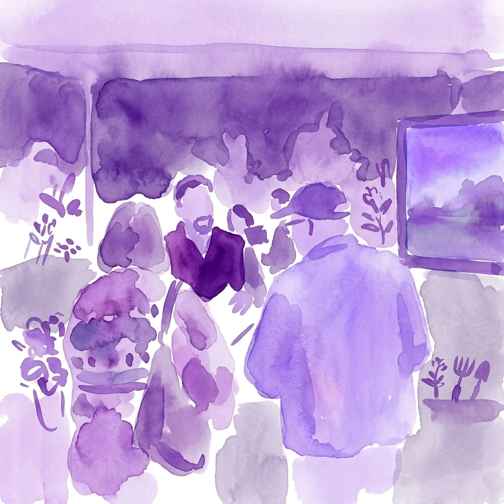 Ilustración de acuarela púrpura de personas en una feria de jardinería, con plantas, herramientas y una pantalla, que representa la Wiener Kleingarten Messe en los Blumengärten Hirschstetten.